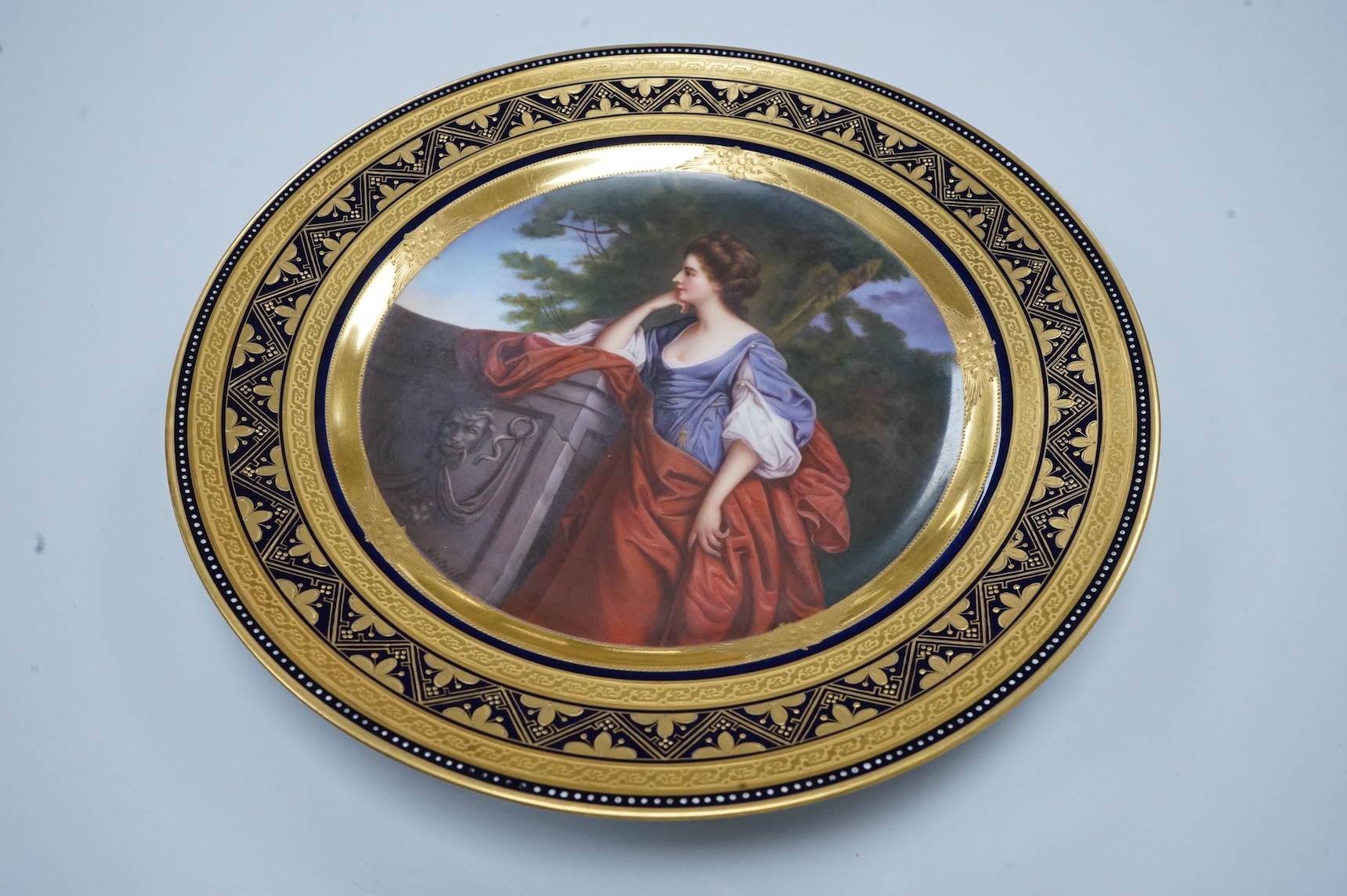 A Vienna style cabinet plate, c.1900, painted with Lady Frances Bridges after the portrait by James Watson, signed Dietrich, 24cm in diameter